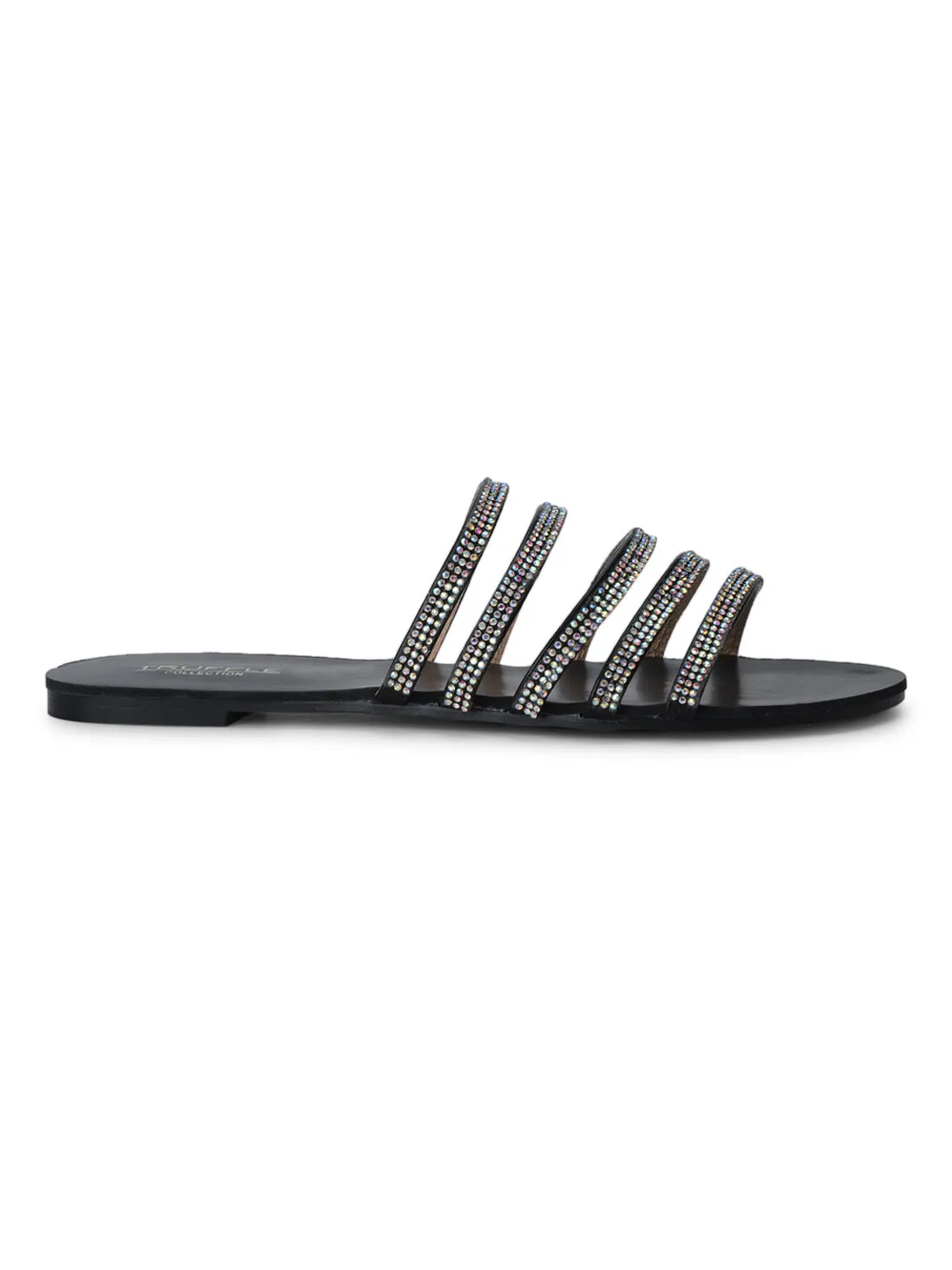 Black Strappy Diamante Slip-on Flats