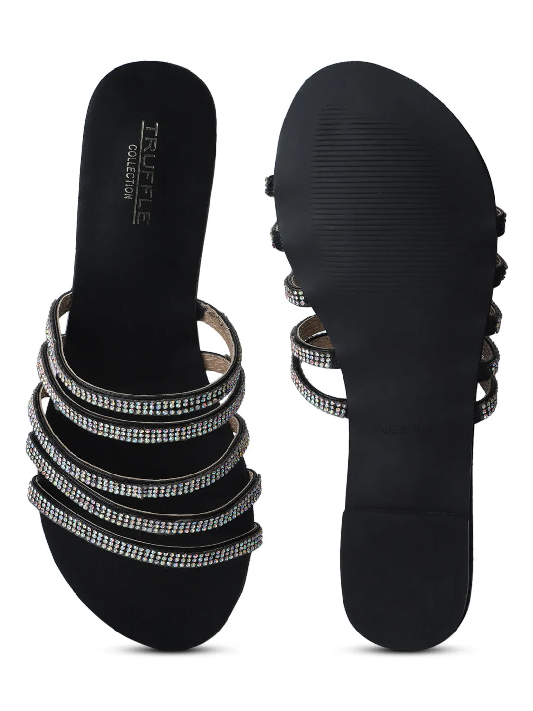 Black Strappy Diamante Slip-on Flats