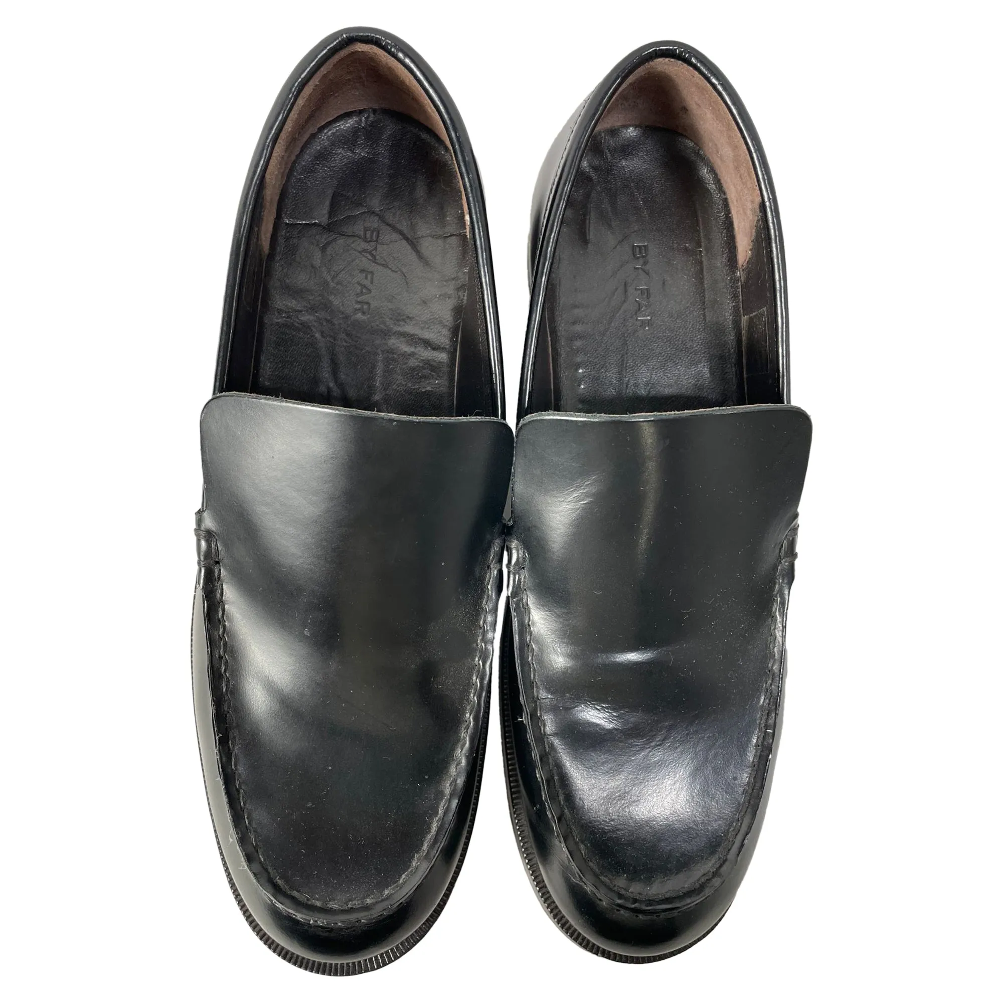 By Far Rafael Almond-Toe Slip-On Loafers in Black Leather