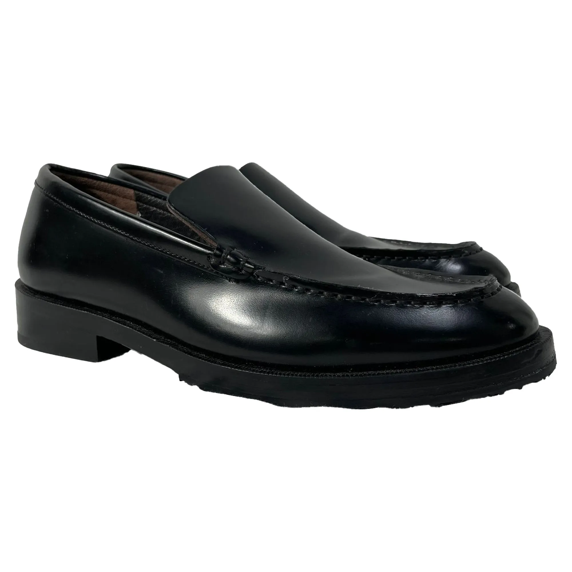 By Far Rafael Almond-Toe Slip-On Loafers in Black Leather