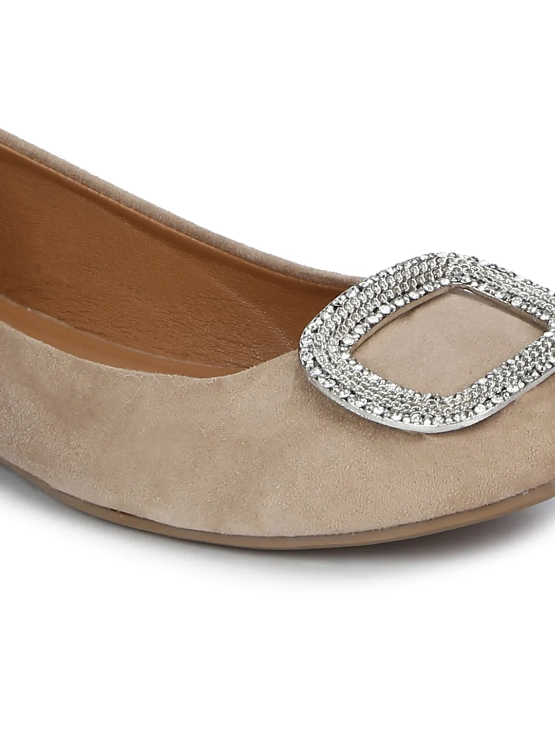 Camel PU Brooch Belly Flats