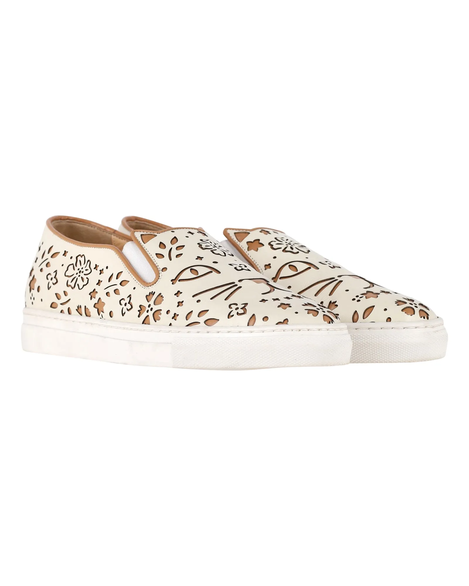 Charlotte Olympia Cool Cats Laser-cut Slip-On Sneakers in Cream Leather
