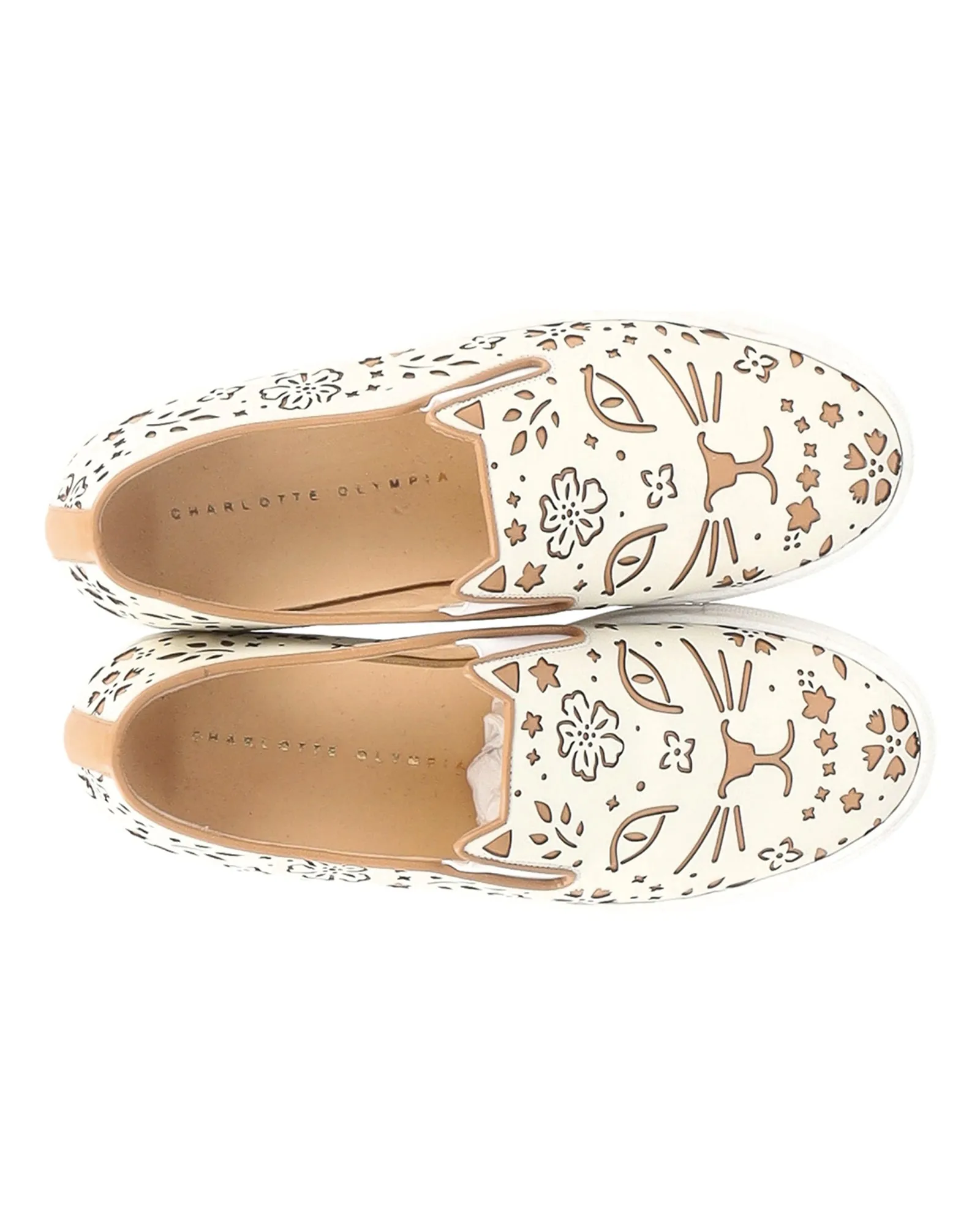Charlotte Olympia Cool Cats Laser-cut Slip-On Sneakers in Cream Leather