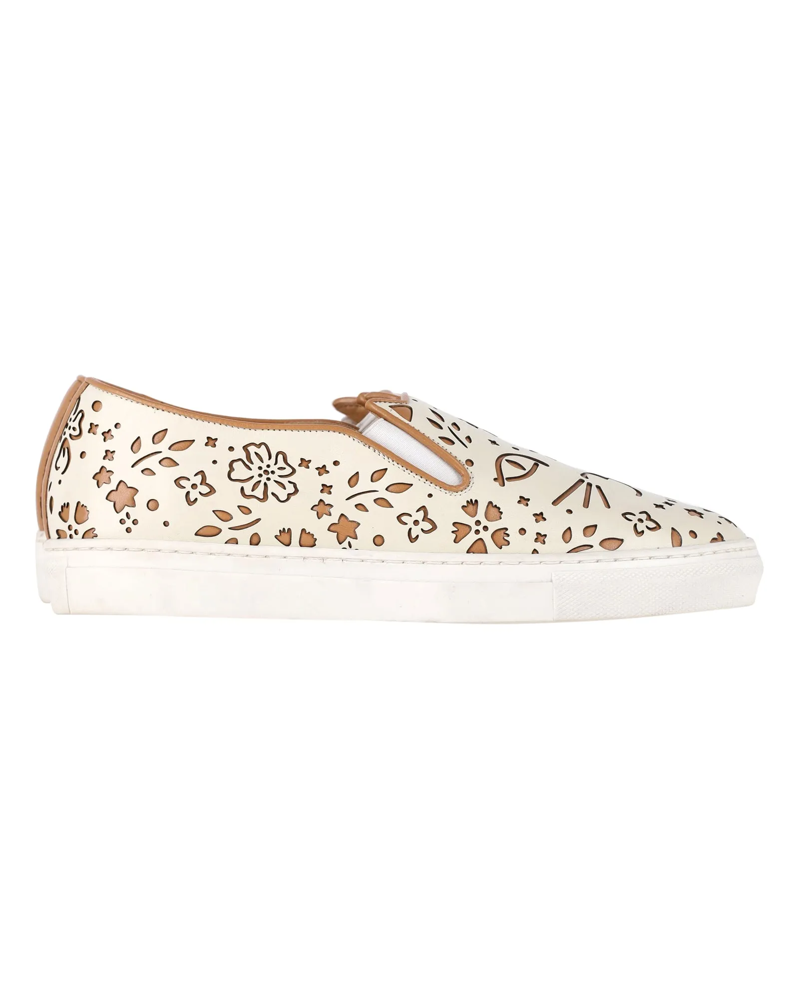 Charlotte Olympia Cool Cats Laser-cut Slip-On Sneakers in Cream Leather
