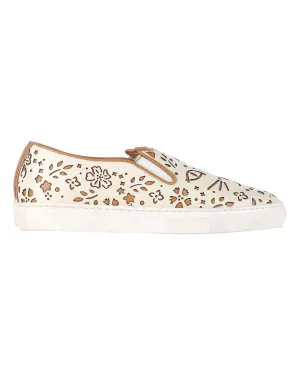 Charlotte Olympia Cool Cats Laser-cut Slip-On Sneakers in Cream Leather