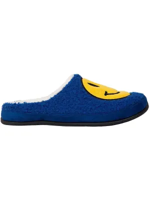 Deer Stags Smiley Face Slide Slippers Men's Blue Faux Fur Memory Foam MKZZ88