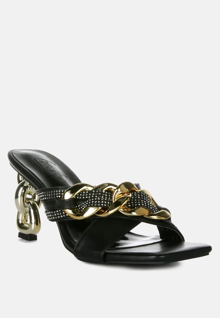 evelane metallic chain heeled diamante sandals