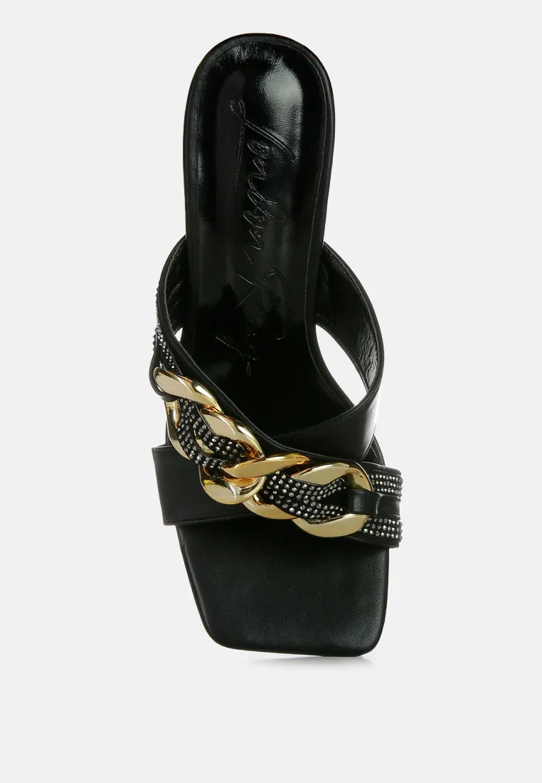 evelane metallic chain heeled diamante sandals