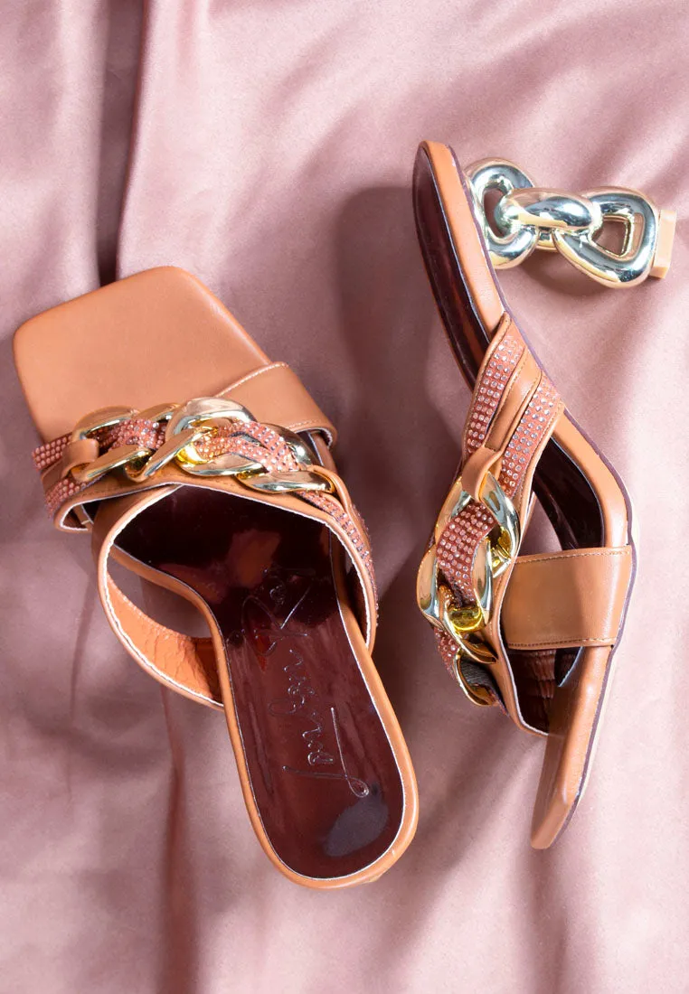 evelane metallic chain heeled diamante sandals