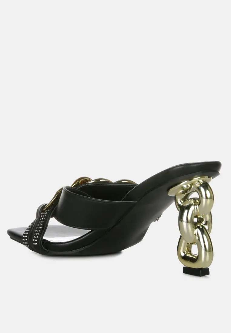 evelane metallic chain heeled diamante sandals
