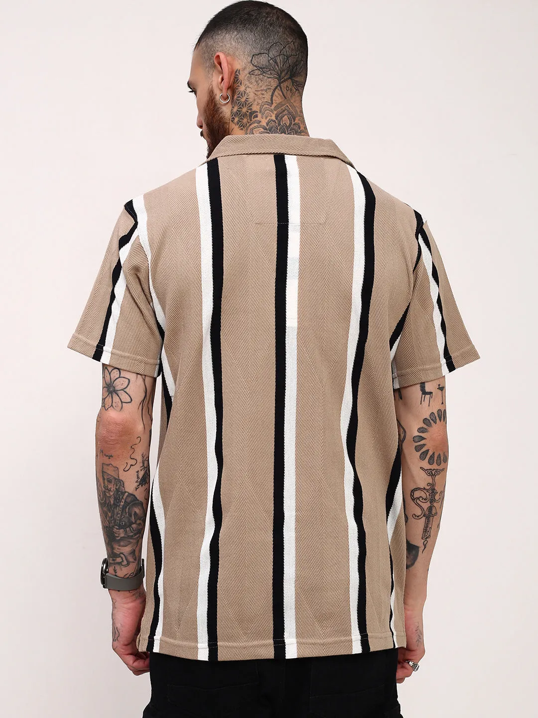 Men Beige Striped Cuban Collar Shirt