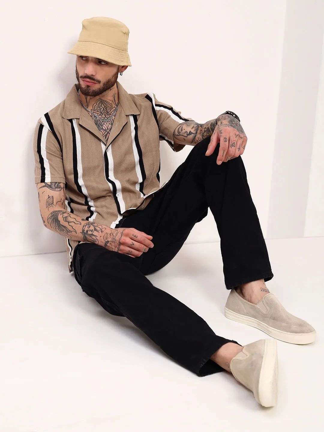 Men Beige Striped Cuban Collar Shirt