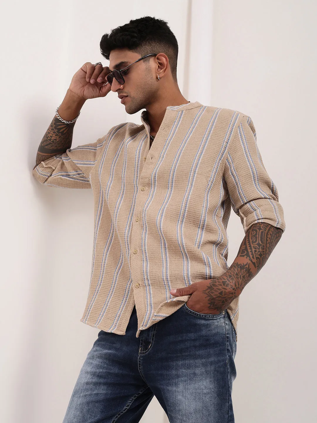 Men Beige Striped Slim Fit Shirt