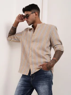 Men Beige Striped Slim Fit Shirt