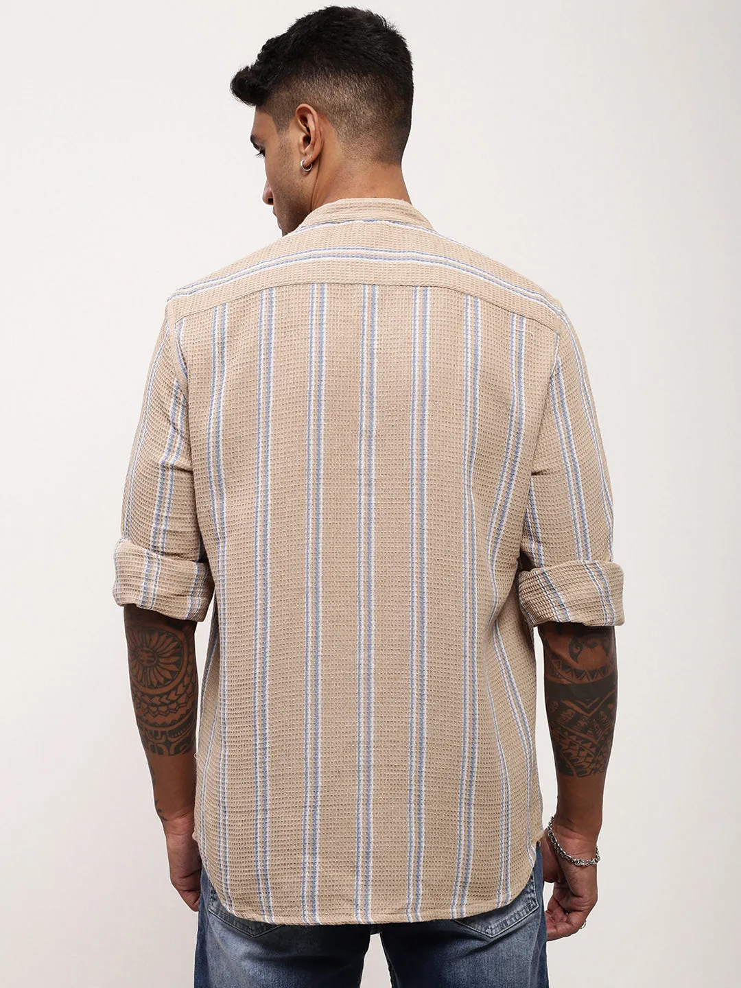 Men Beige Striped Slim Fit Shirt