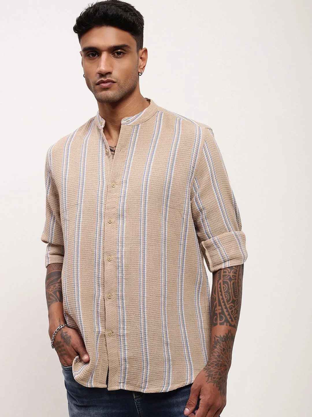 Men Beige Striped Slim Fit Shirt