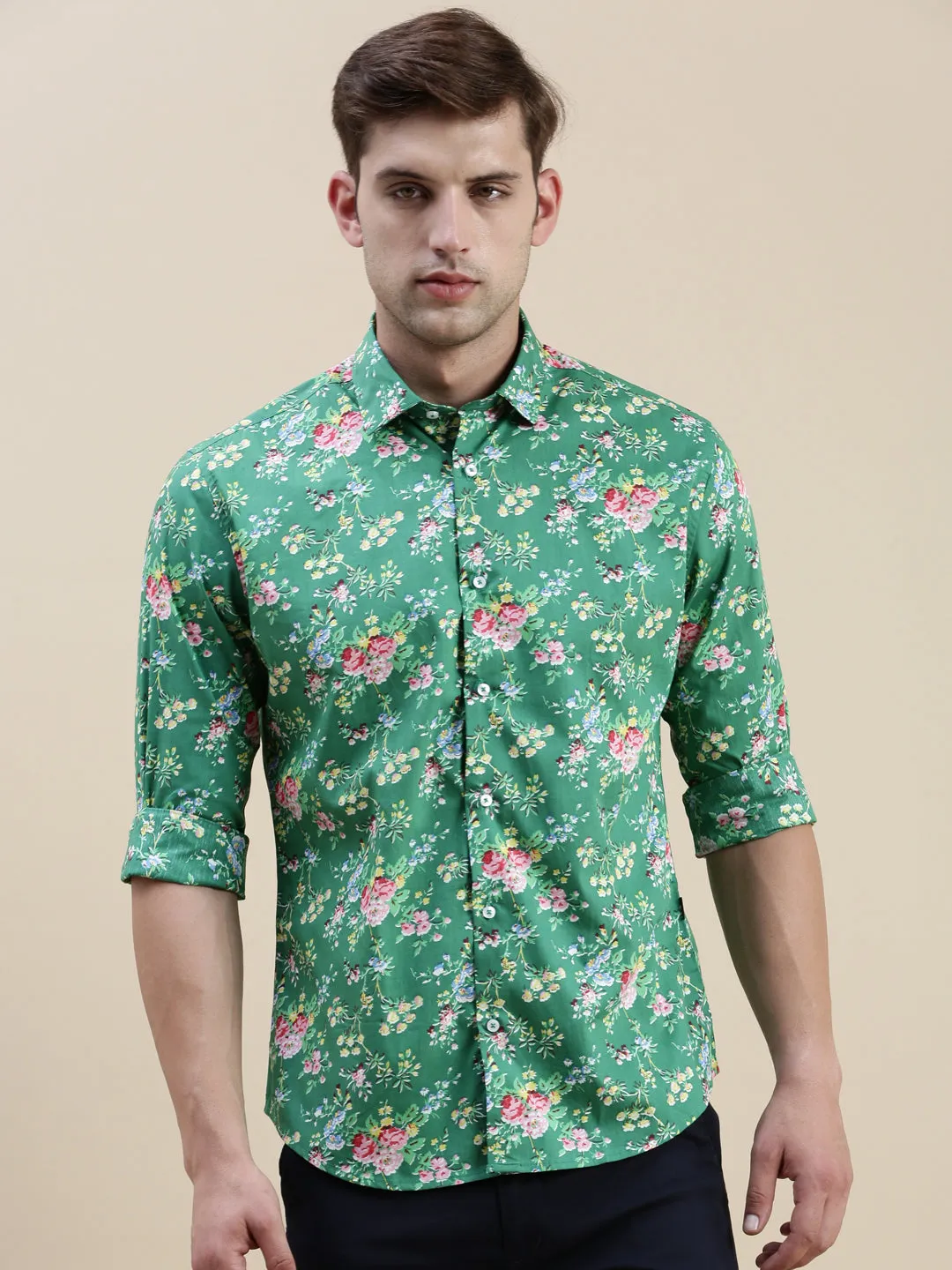 Men Green Floral Printed Standard Slim Fit Cotton Casual Shirt