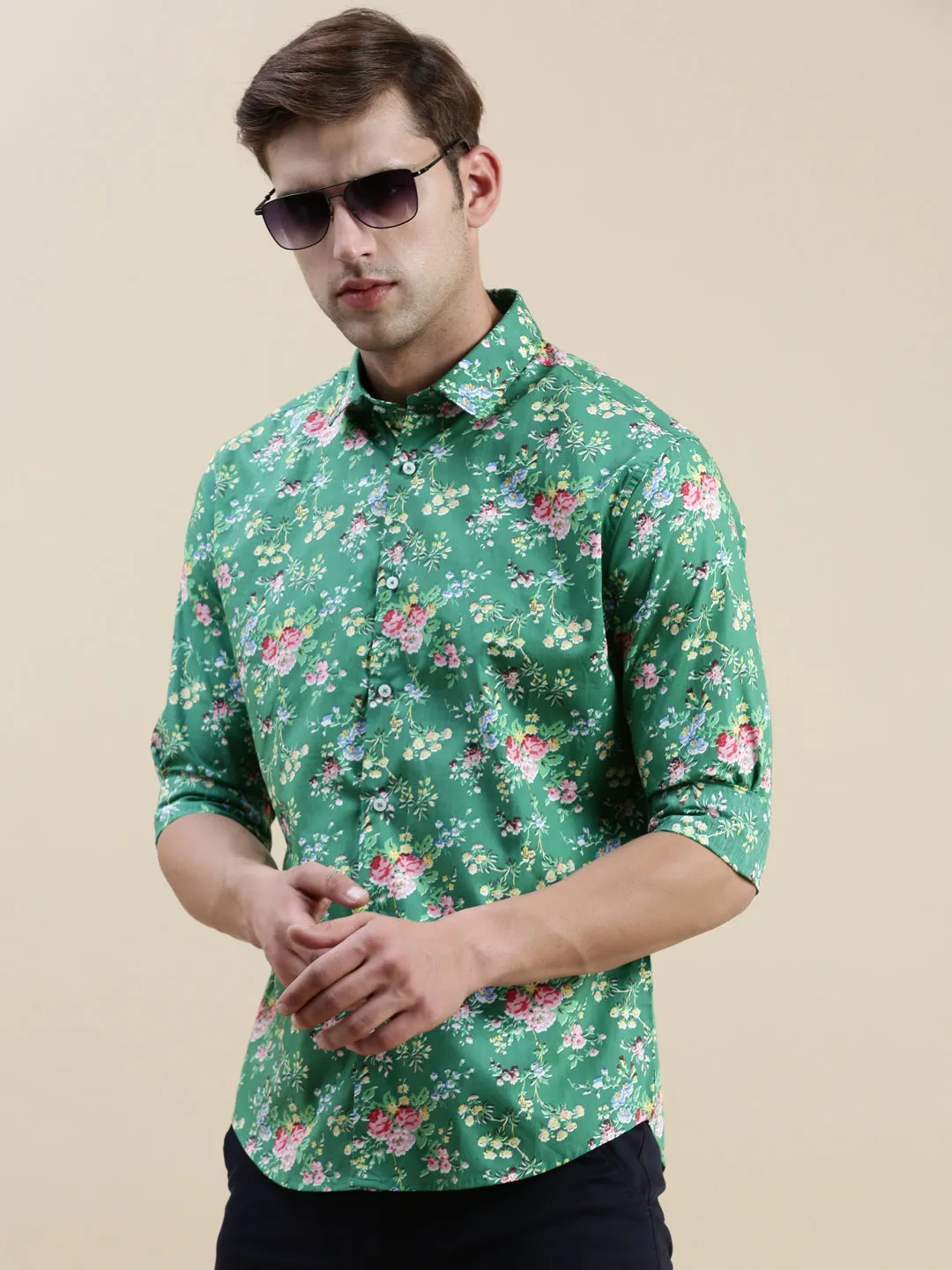 Men Green Floral Printed Standard Slim Fit Cotton Casual Shirt