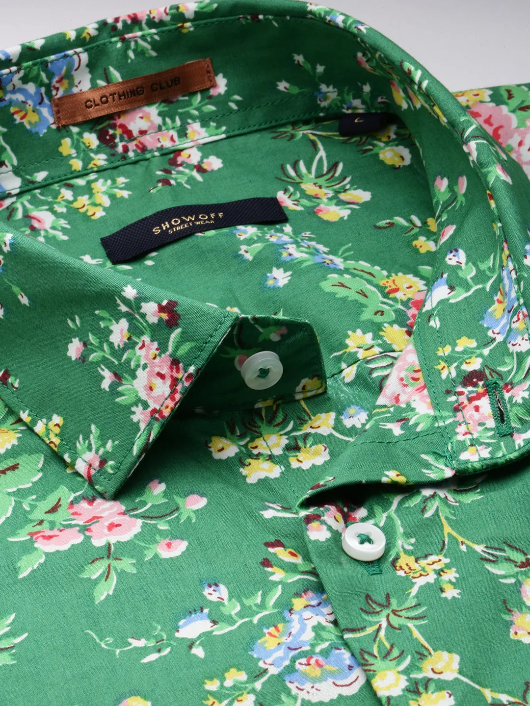 Men Green Floral Printed Standard Slim Fit Cotton Casual Shirt
