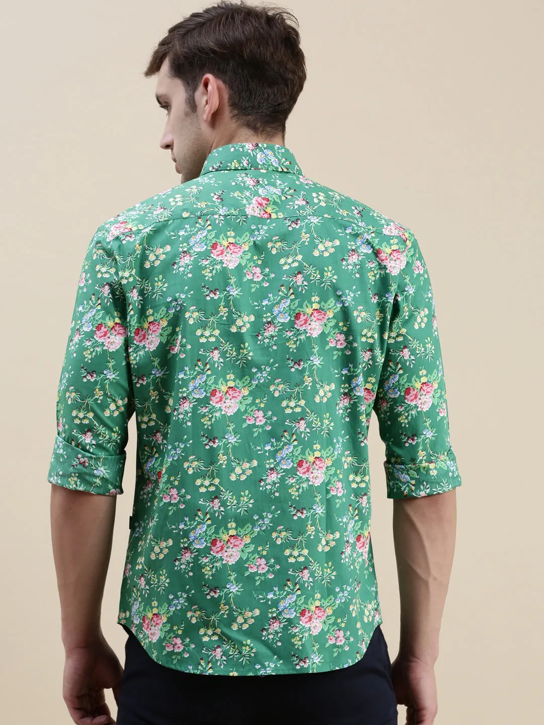 Men Green Floral Printed Standard Slim Fit Cotton Casual Shirt