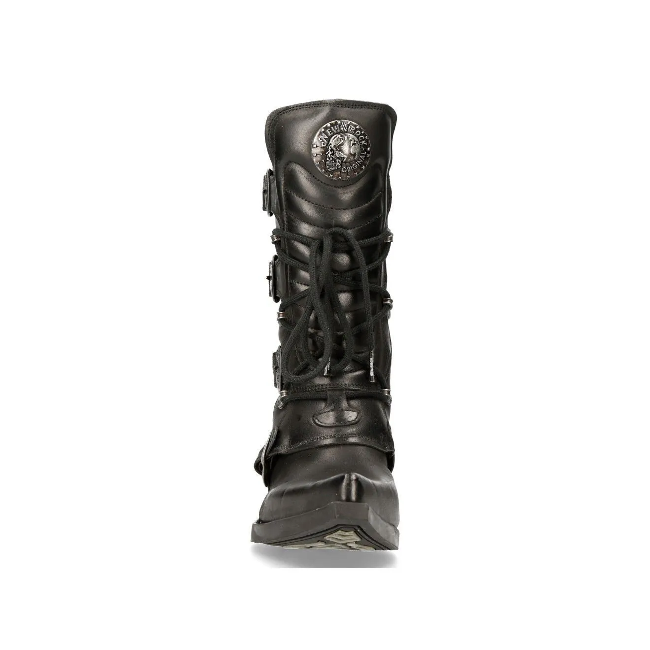 New Rock Black Leather Cowboy Buckle Boots- M-7993-S1