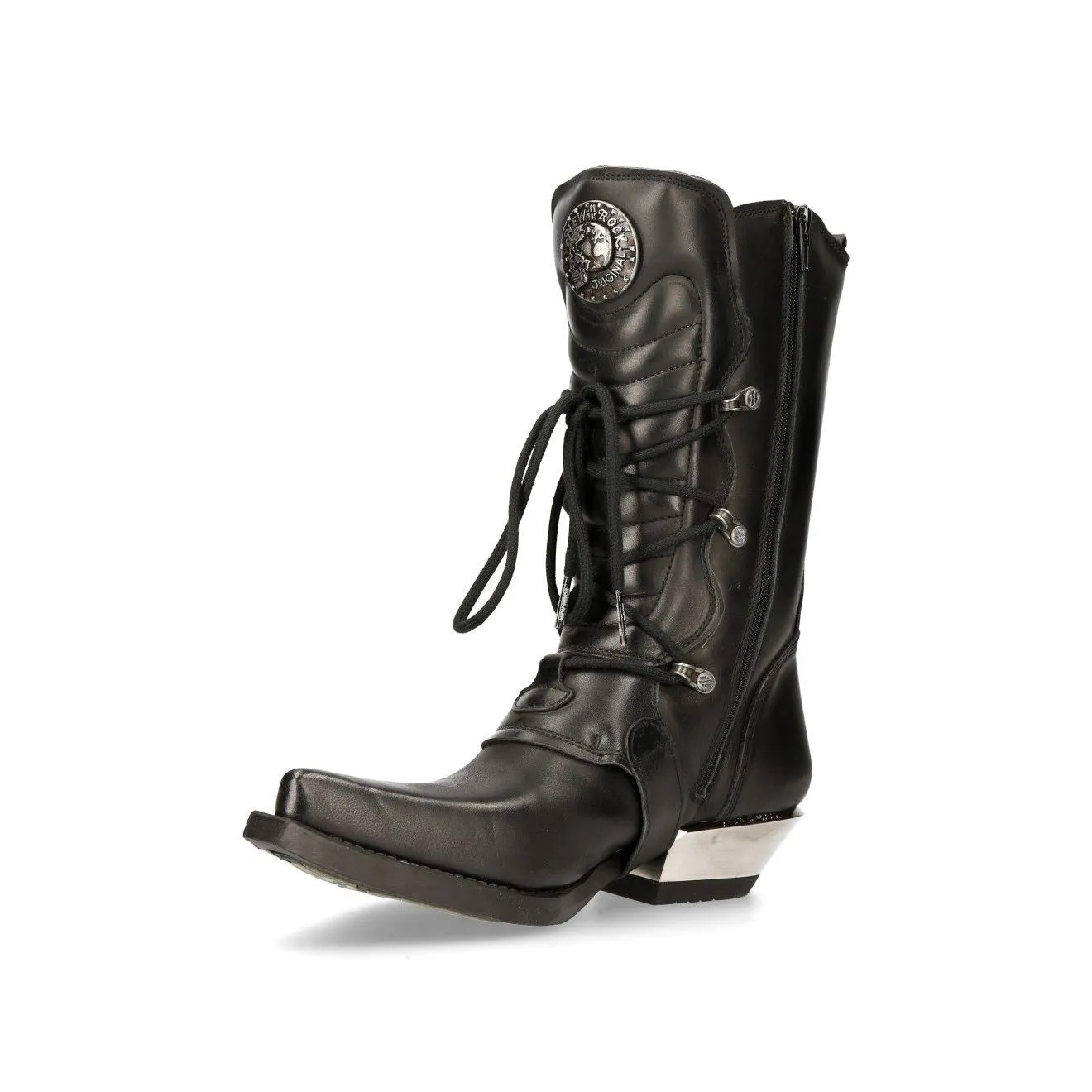 New Rock Black Leather Cowboy Buckle Boots- M-7993-S1