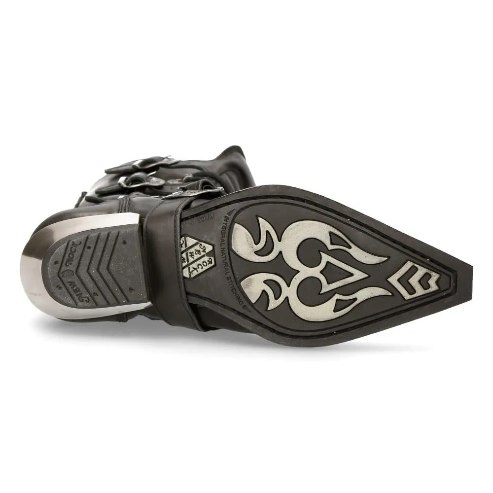 New Rock Black Leather Cowboy Buckle Boots- M-7993-S1