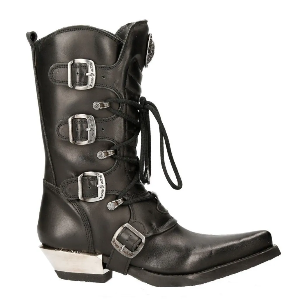 New Rock Black Leather Cowboy Buckle Boots- M-7993-S1