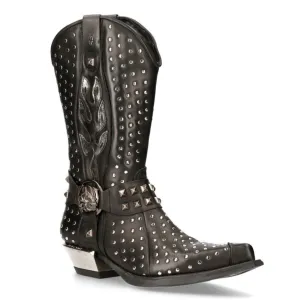 New Rock Black Leather Studded Cowboy Boots- M-7928-S1