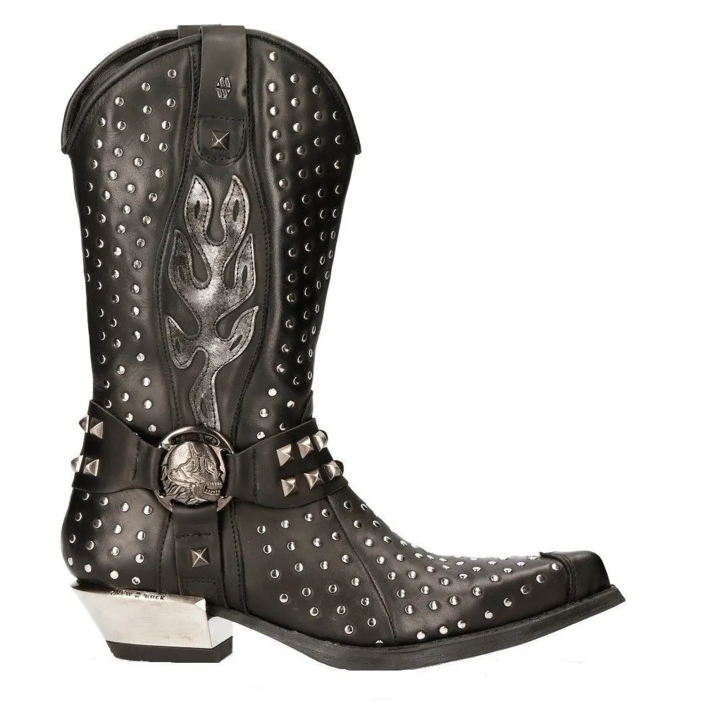 New Rock Black Leather Studded Cowboy Boots- M-7928-S1