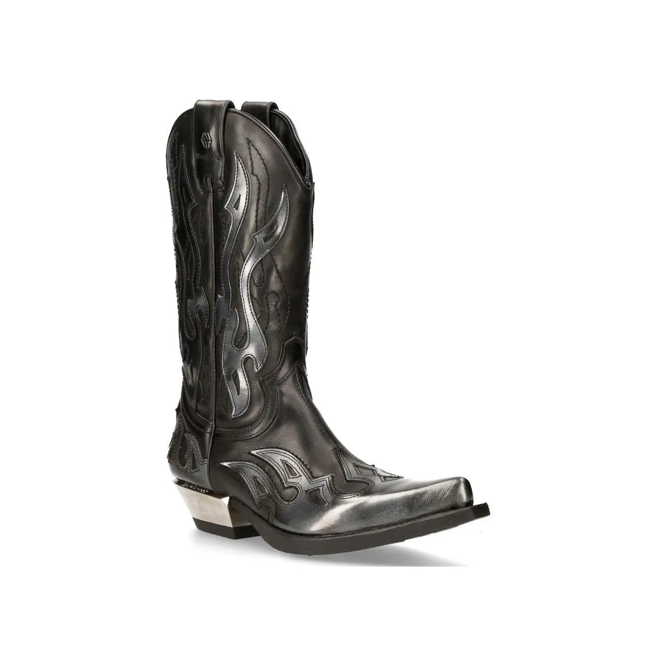 New Rock Flame Accented Black/Silver Leather Biker Cowboy Boots- M-7921-S3