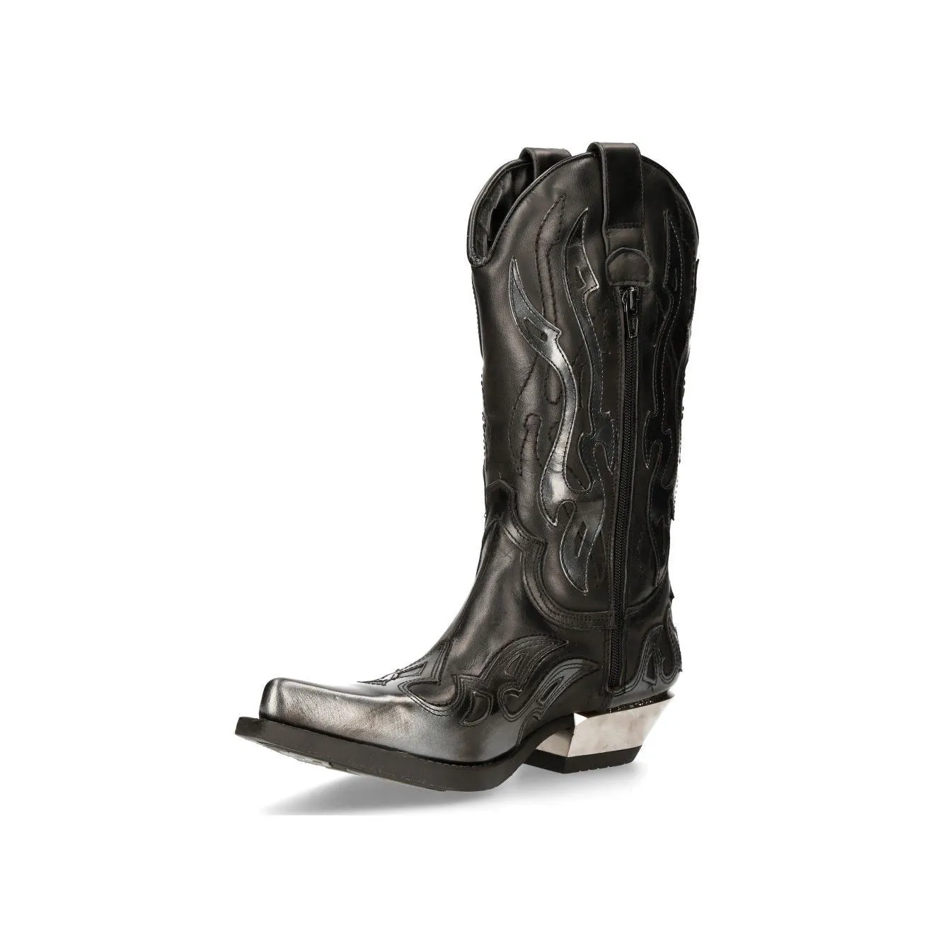 New Rock Flame Accented Black/Silver Leather Biker Cowboy Boots- M-7921-S3