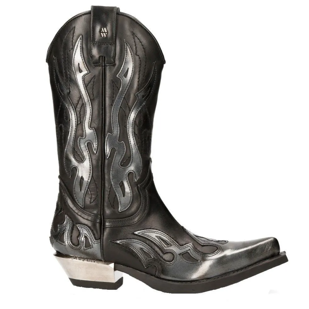 New Rock Flame Accented Black/Silver Leather Biker Cowboy Boots- M-7921-S3