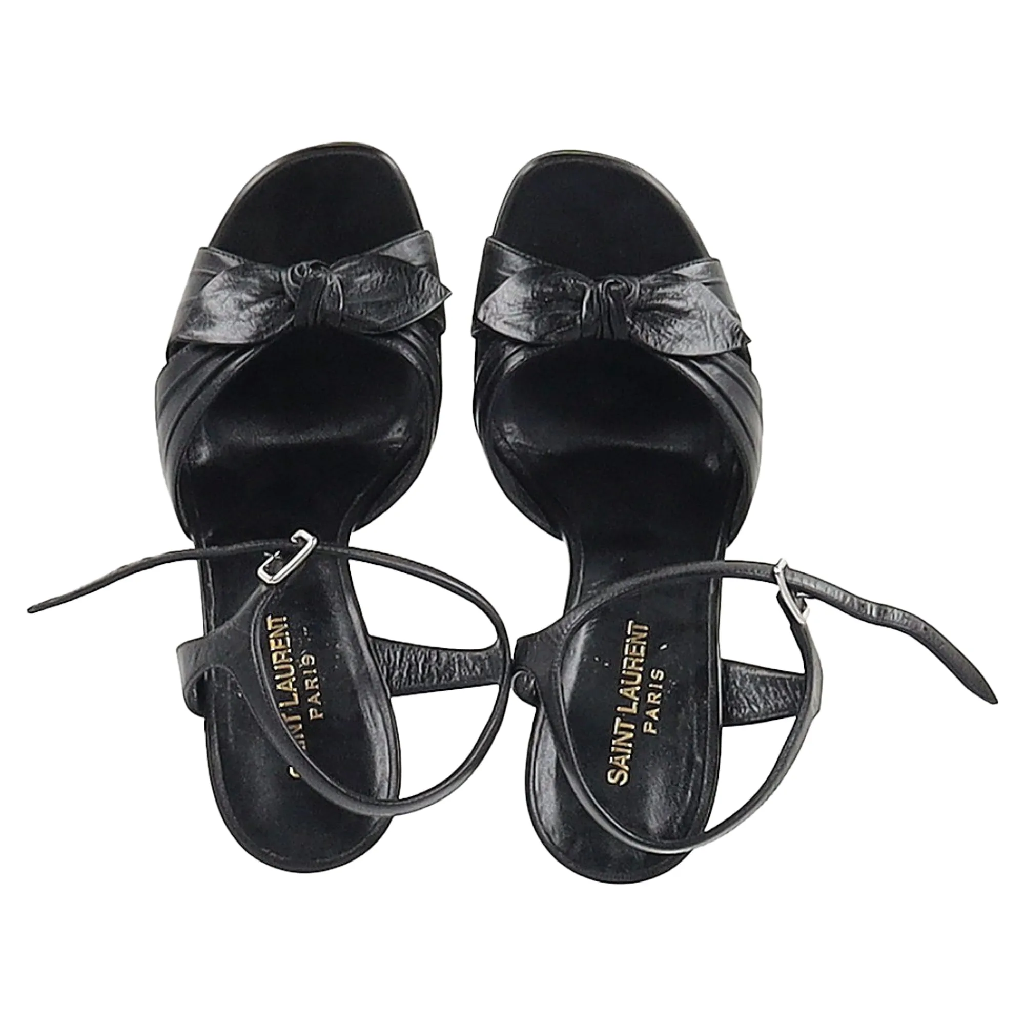 Saint Laurent Bow Platform Ankle Strap Sandals in Black Leather