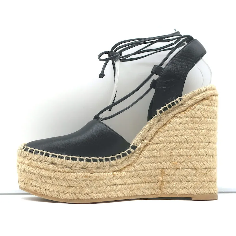 Saint Laurent Platform Espadrille Wedge Sandals Black Leather Size 40