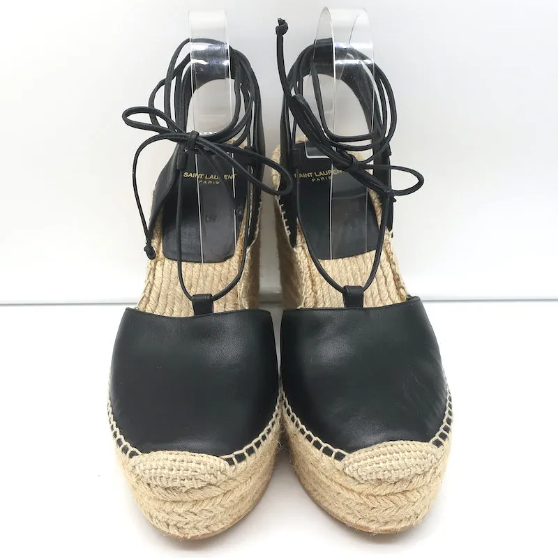 Saint Laurent Platform Espadrille Wedge Sandals Black Leather Size 40