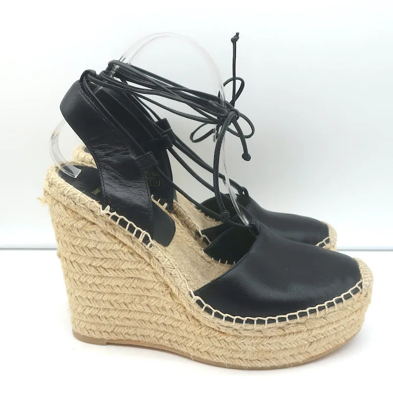 Saint Laurent Platform Espadrille Wedge Sandals Black Leather Size 40