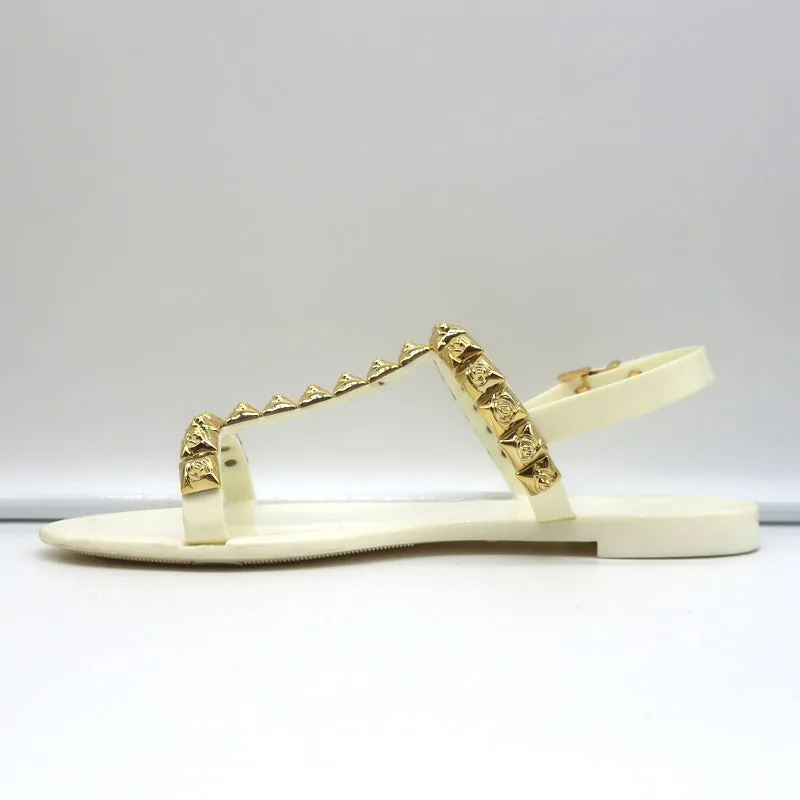 Stuart Weitzman Jelrose Studded Jelly Sandals Cream/Gold Size 7 Flat Slingback