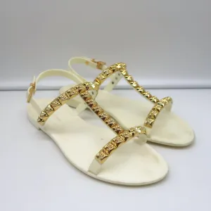 Stuart Weitzman Jelrose Studded Jelly Sandals Cream/Gold Size 7 Flat Slingback