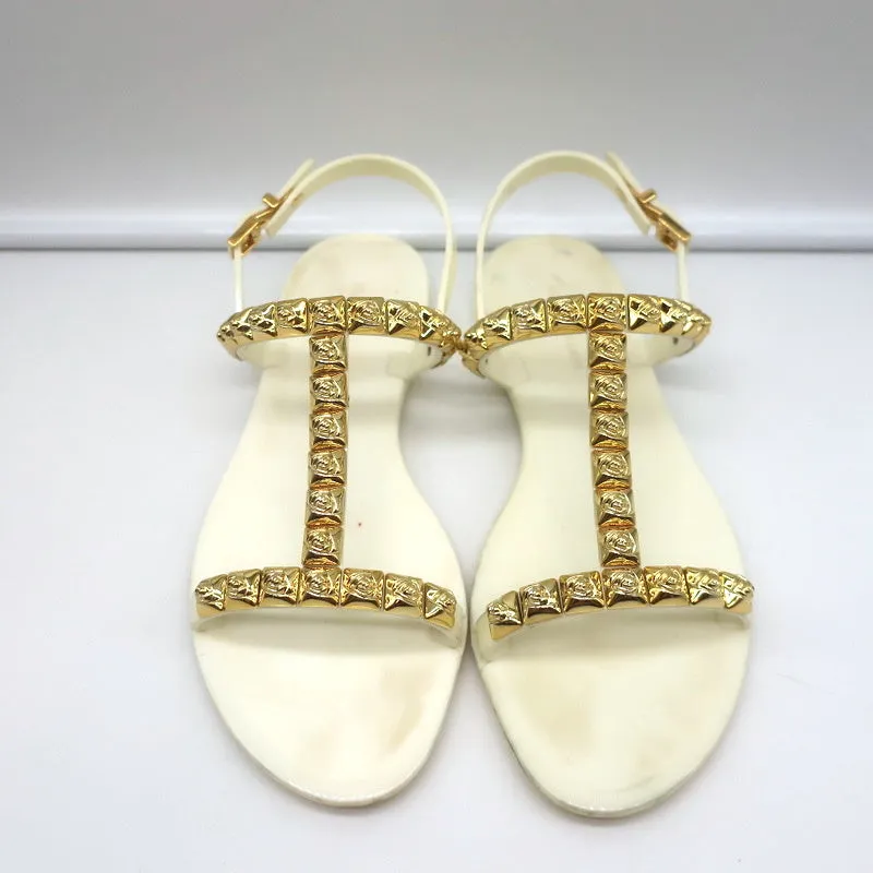 Stuart Weitzman Jelrose Studded Jelly Sandals Cream/Gold Size 7 Flat Slingback