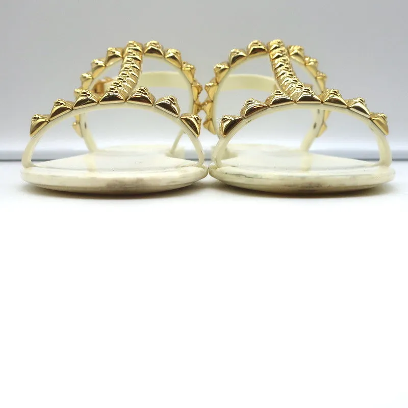 Stuart Weitzman Jelrose Studded Jelly Sandals Cream/Gold Size 7 Flat Slingback