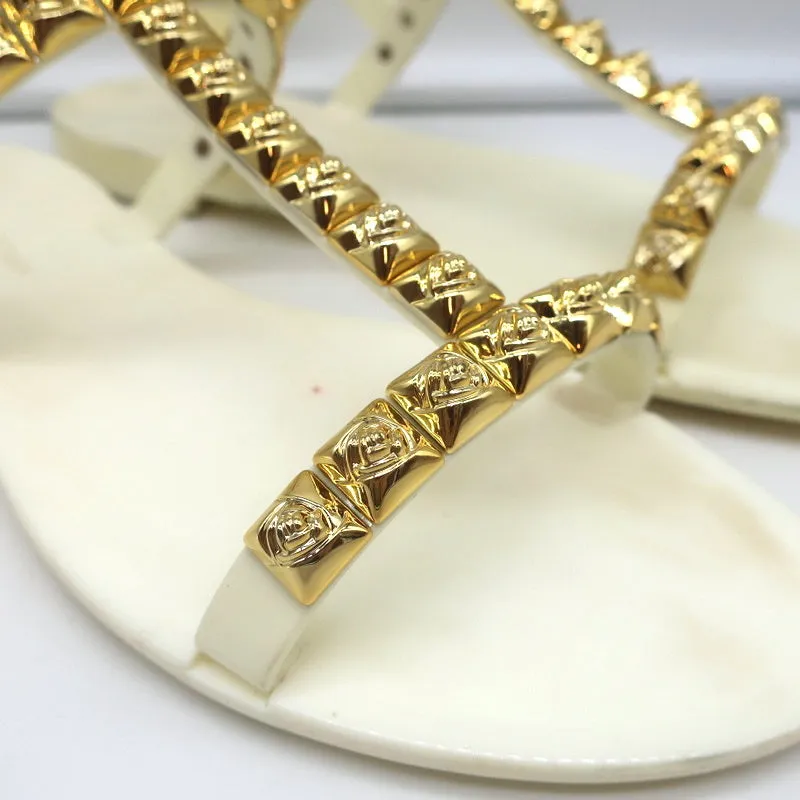 Stuart Weitzman Jelrose Studded Jelly Sandals Cream/Gold Size 7 Flat Slingback