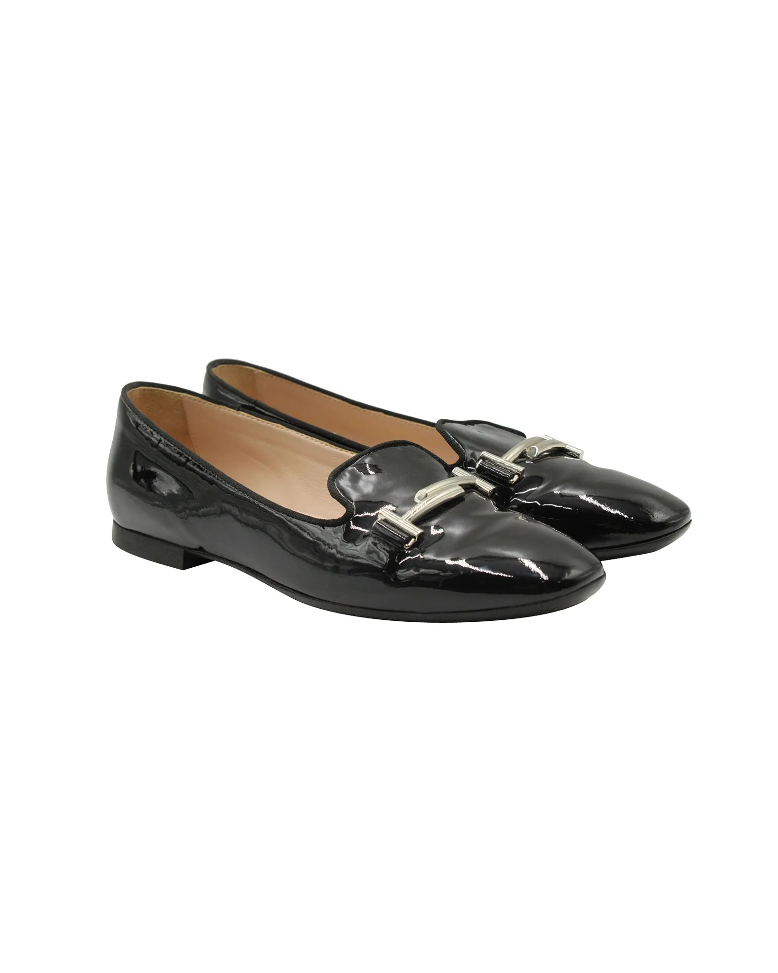 Tod's Double T Flats in Black Patent Leather