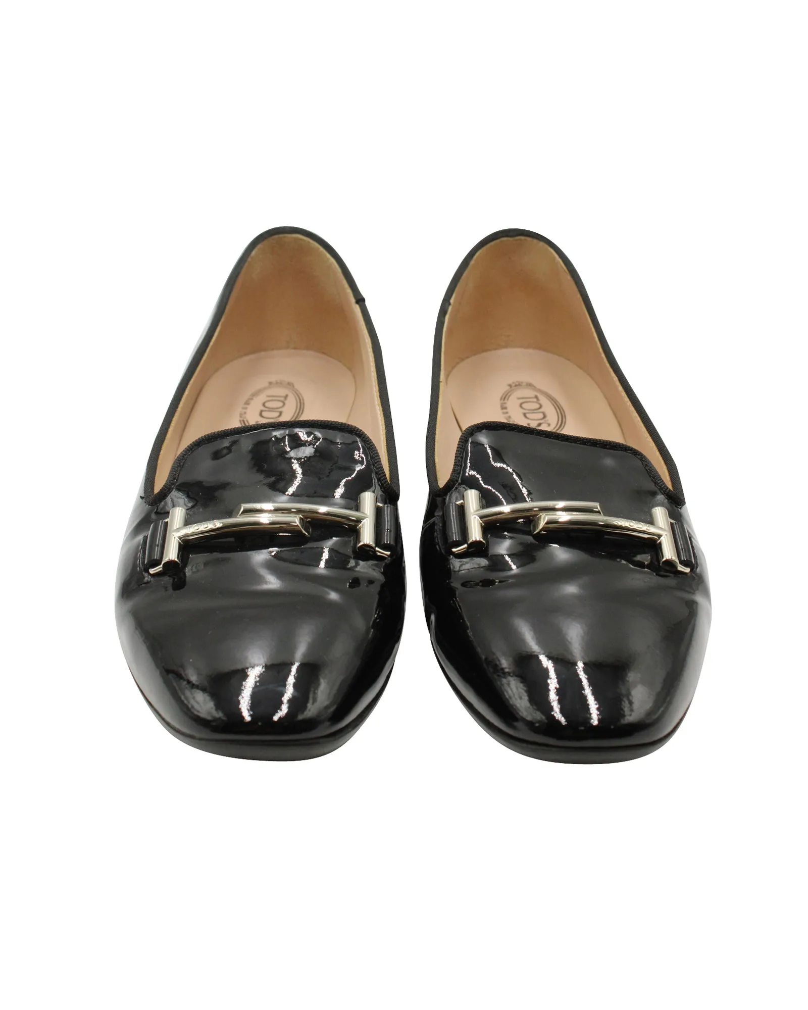 Tod's Double T Flats in Black Patent Leather