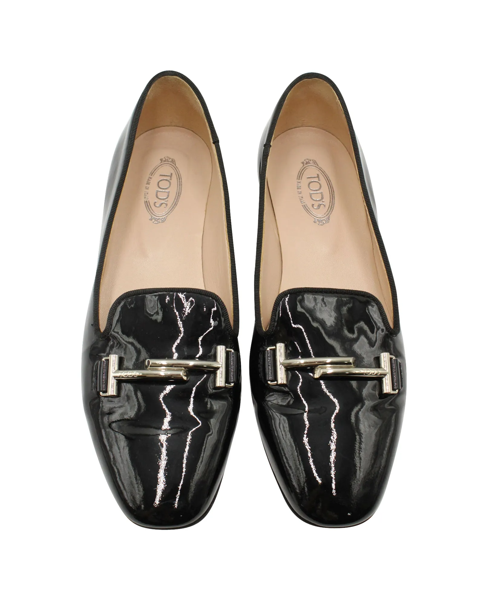 Tod's Double T Flats in Black Patent Leather