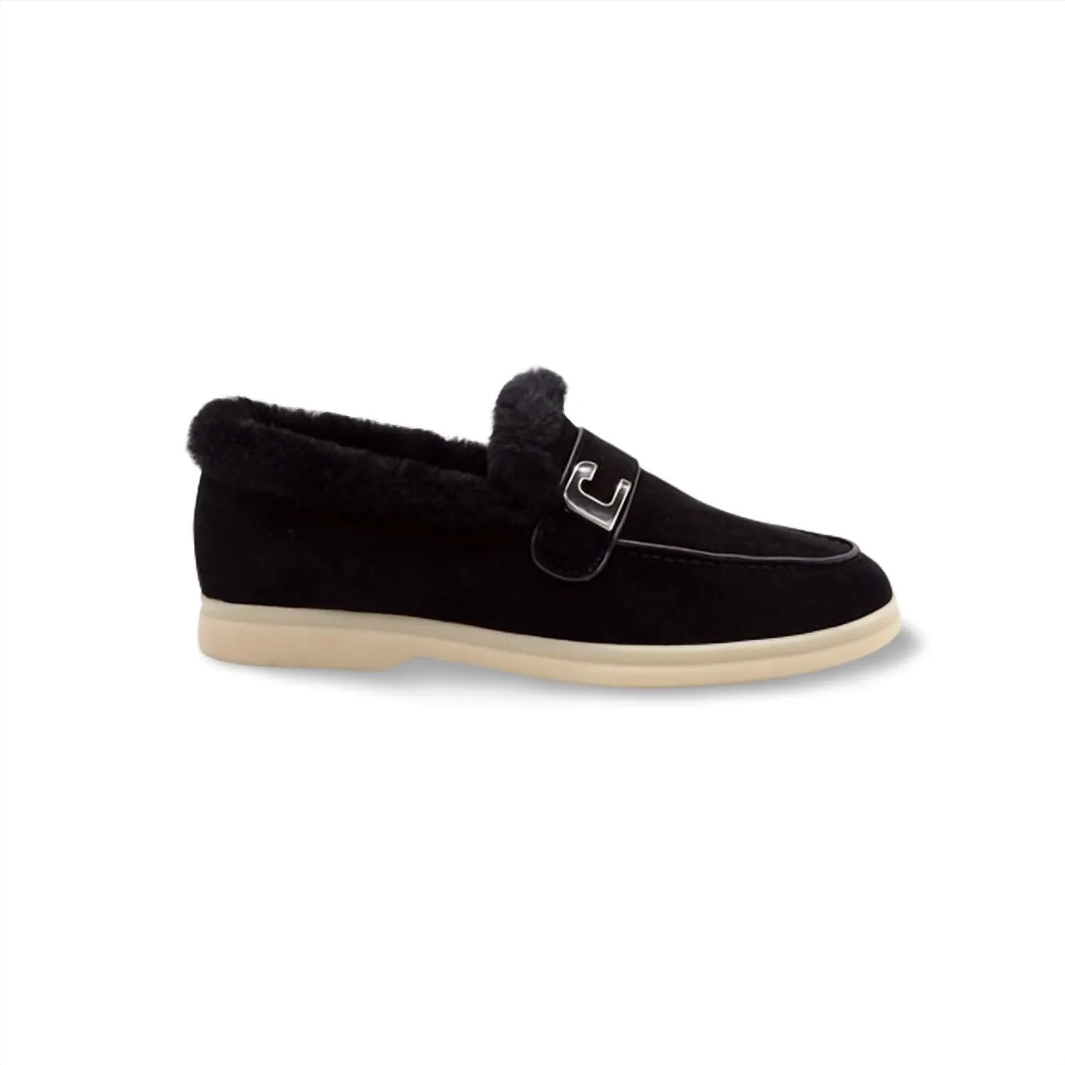 Women's Fur Loafer In Black Suede