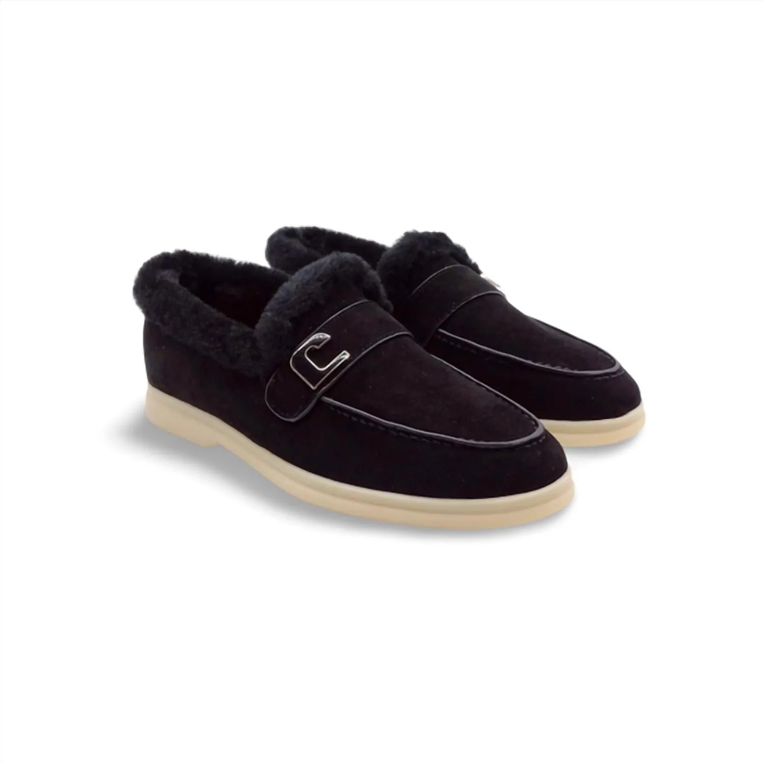 Women's Fur Loafer In Black Suede