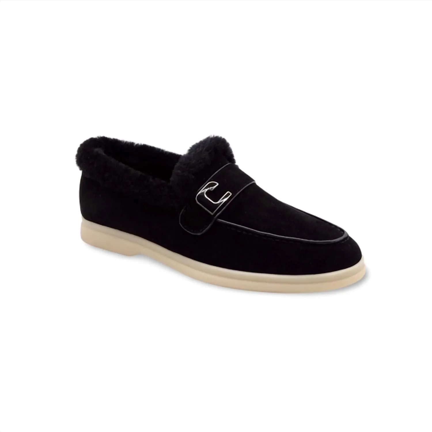 Women's Fur Loafer In Black Suede