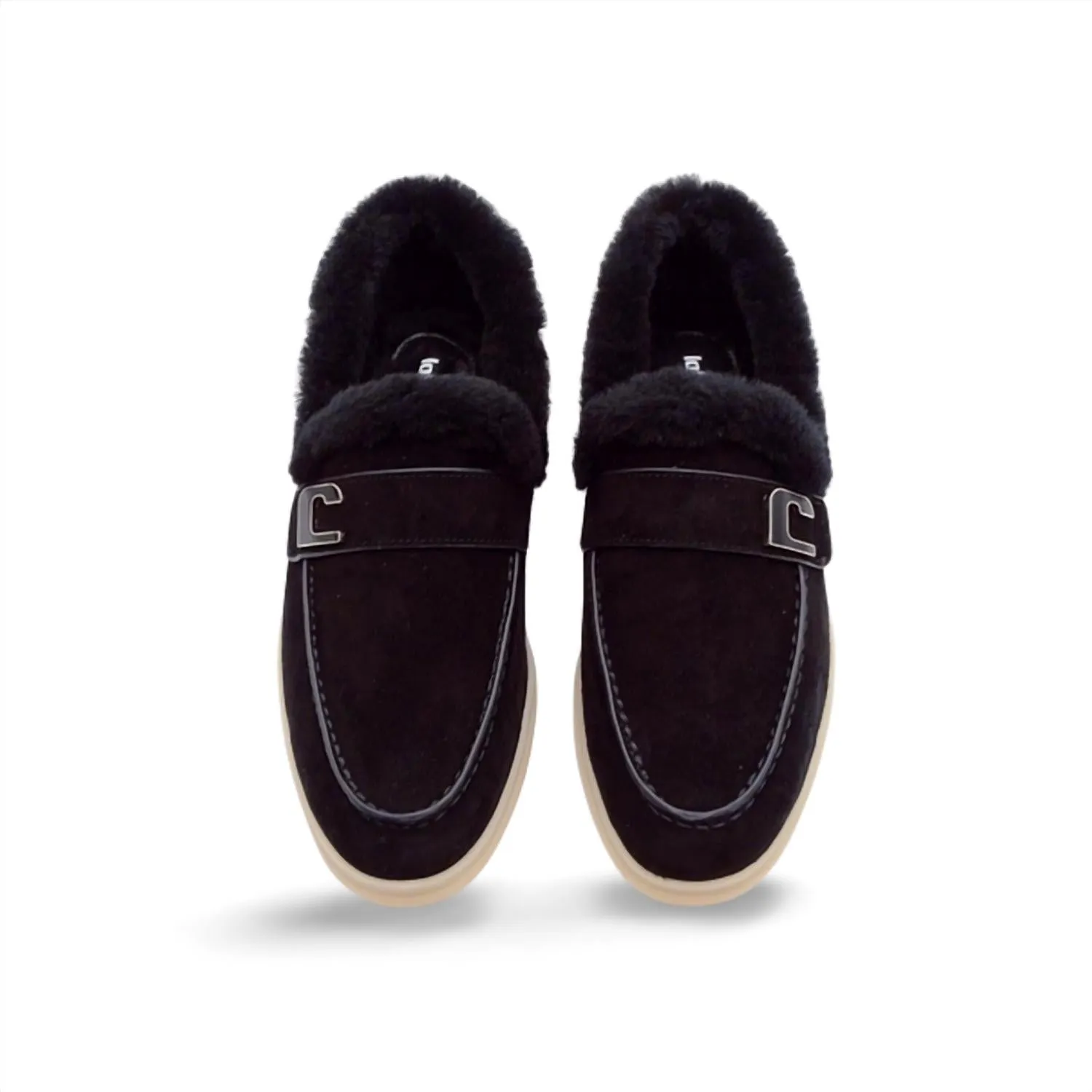 Women's Fur Loafer In Black Suede