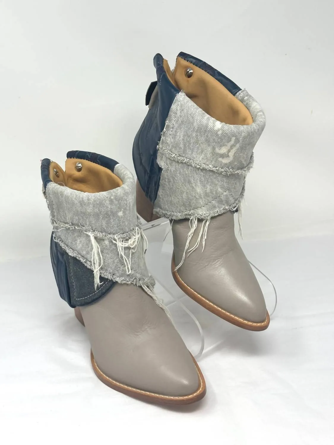 Women's Stitched Ankle Boots In Taupe, Grey Denim